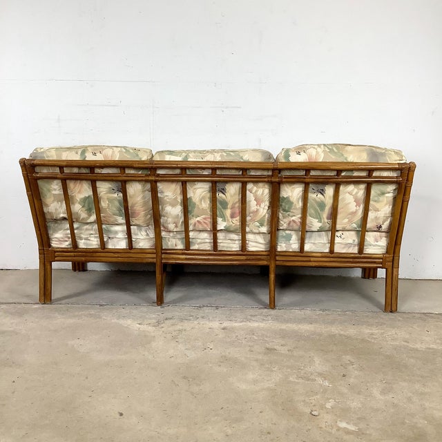 Vintage Rattan Three-Seat Sofa, Diamond Lattice Arms, Ficks Reed Style For Sale In Philadelphia - Image 6 of 12