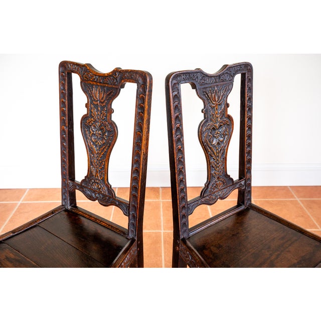 Antique English Oak Jacobean Hall Side Dining Chairs, 1620, Set of 2 For Sale - Image 10 of 18
