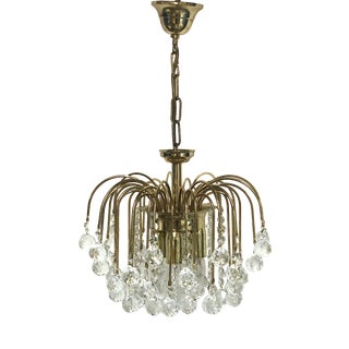 Gold-Plated Metal Lead Crystal Ball Three-Light Chandelier, 1970s For Sale