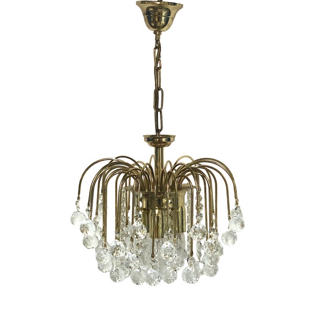 Gold-Plated Metal Lead Crystal Ball Three-Light Chandelier, 1970s For Sale