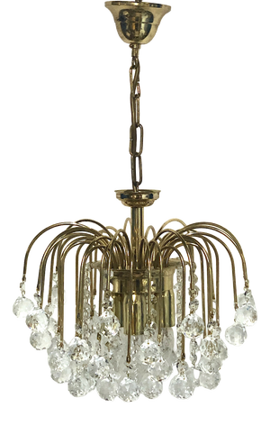 Gold-Plated Metal Lead Crystal Ball Three-Light Chandelier, 1970s
