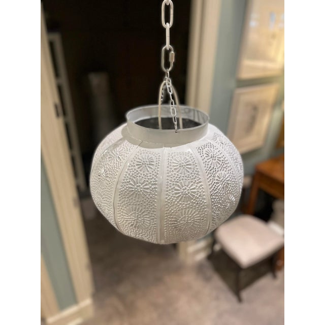 21st Century Moroccan White Painted Pierced Metal Hanging Pendant Shade For Sale In Little Rock - Image 6 of 9