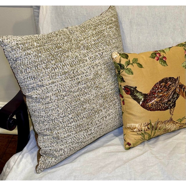 English Pair of Custom Linen Throw Pillows – Salamandre Pheasant & Botanical Leaf, Down Alternative Inserts For Sale - Image 3 of 10