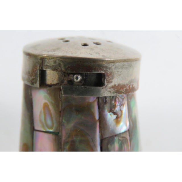 Mid 20th Century Mexican Salt and Pepper Shaker Pair 2pc Alpaca Silver Abalone Shell 5191b For Sale - Image 5 of 14