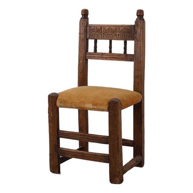 Spanish Hand-Carved Oak Side Chair with Velour Seat, 19th Century For Sale