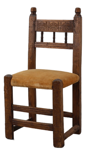 Spanish Hand-Carved Oak Side Chair with Velour Seat, 19th Century
