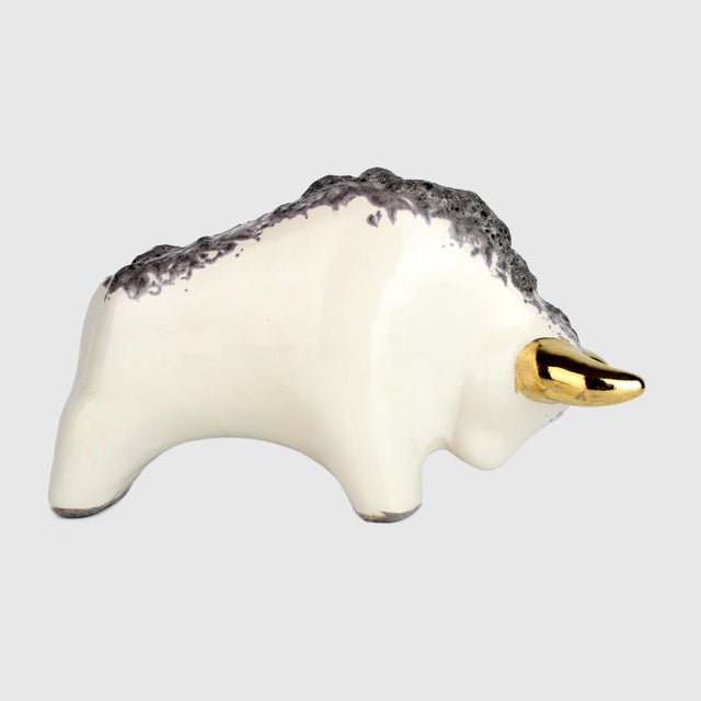 Mid-Century Modern Mid-Century Modern Vintage Otto Keramik Ceramic Bull Buffalo Figurine Off White Black Glaze Germany For Sale - Image 3 of 10