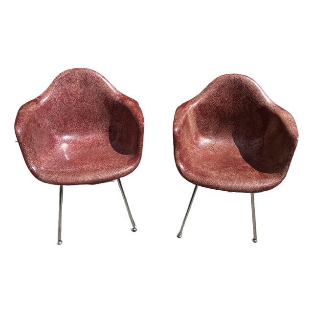 Pair of MCM Eames Style Maroon Fiberglass Chairs For Sale
