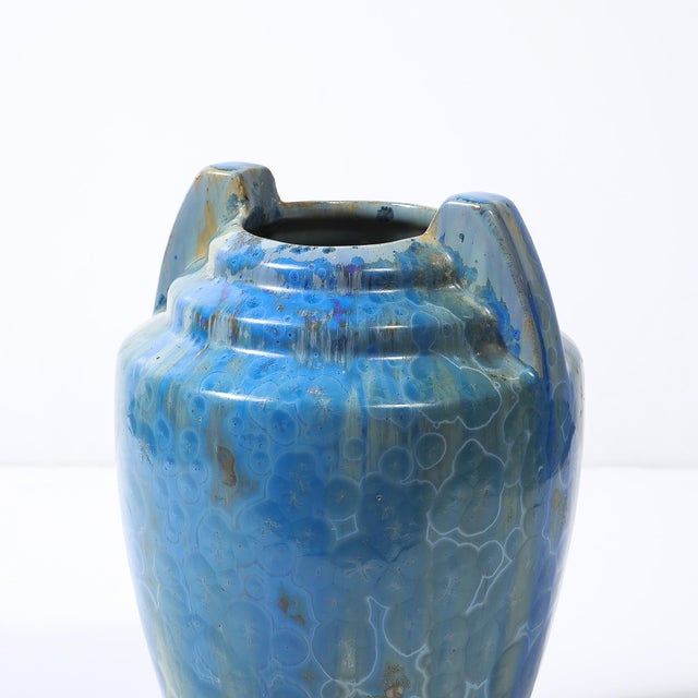 Blue Art Deco Skyscraper Style Speckled Organic Blue Ceramic Vase Signed Pierrefonds For Sale - Image 8 of 13