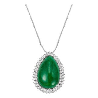55 Carat Pear Shape Emerald Cabochon & 5.5 Ct Diamond Ring /Pendant 14 Kt Gold For Sale