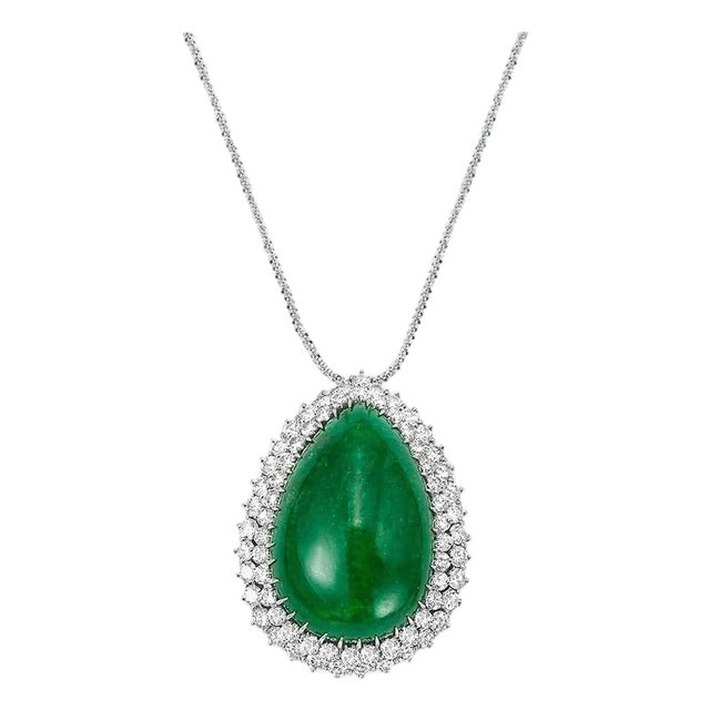 55 Carat Pear Shape Emerald Cabochon & 5.5 Ct Diamond Ring /Pendant 14 Kt Gold For Sale