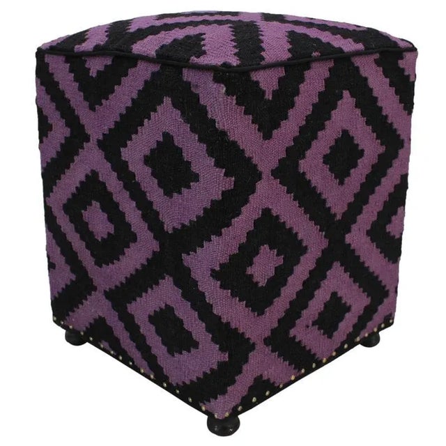 Boho Chic Black/Purple Handmade Kilim Upholstered Ottoman For Sale - Image 9 of 11