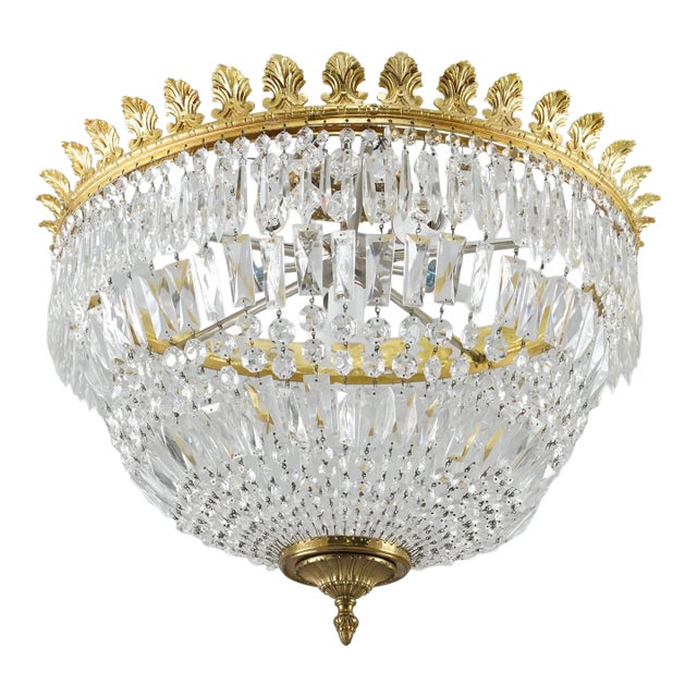 Mid 20th Century Restored Empire Crystal Basket Semi Flush Mount For Sale