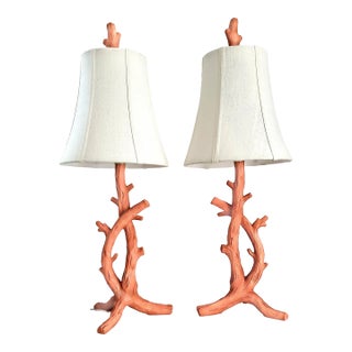 Painted Coral Lamps Faux Bois Tree Branches & Shades For Sale
