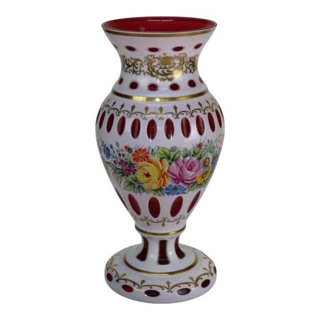 Pair Large Hand Painted & Gilt Cut To Cranberry Bohemian Glass Vases C1890 Measures - 17" x 7 3/4" x 7 3/4" A pair of...