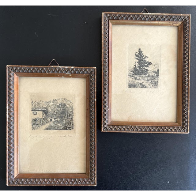 A charming pair of original german landscape etchings, each depicting a picturesque alpine or southern german landscape...