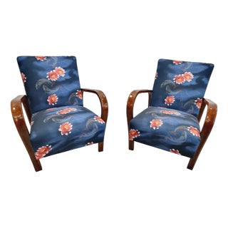 Set of Art Deco Armchairs with Curved, Bentwood Armrests attributed to J. Halabala, 1940s For Sale