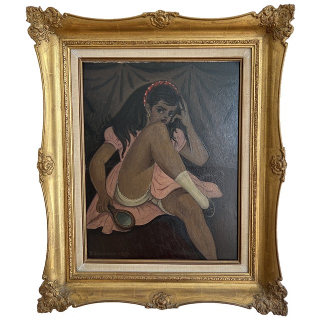 Emile Chambon, Jeune fille assise avec un petit miroir, 1950, Oil on Cardboard, Framed For Sale