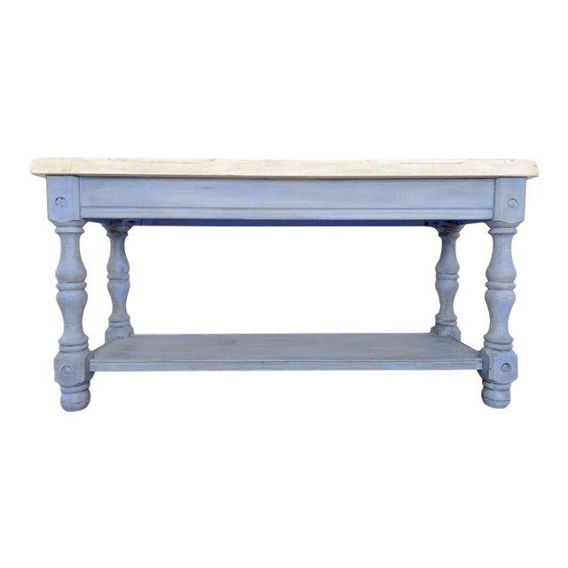 Vintage Country Rustic Blue and White Side Table For Sale