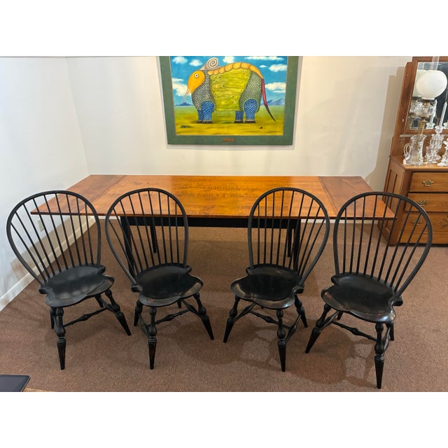 Wood Dr Dimes Historical Dining Farm Table With Bow Back Arm Chairs and Side Chairs For Sale - Image 7 of 12