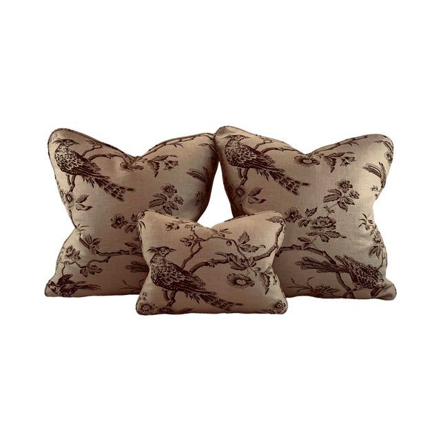Textile Designer Fabricut Chocolate Brown & Tan "Amacus Bird" Botanical French Country Toile Pillow Covers- 3 Pc Set For Sale - Image 7 of 7