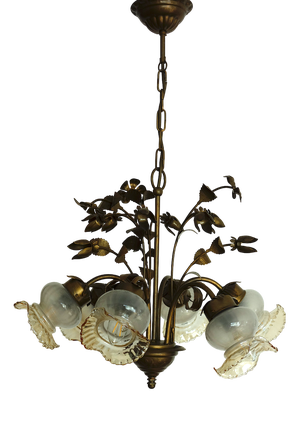 Floral Metal and Glass 6-Light Chandelier, 1970s