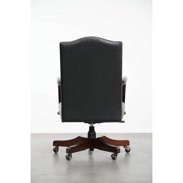 English Style Black Cowhide and Wooden Chesterfield Swivel Office Chair For Sale - Image 4 of 18
