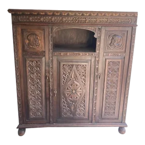 Impressive Antique Wood Carved Armoire Cabinet French Flemish
