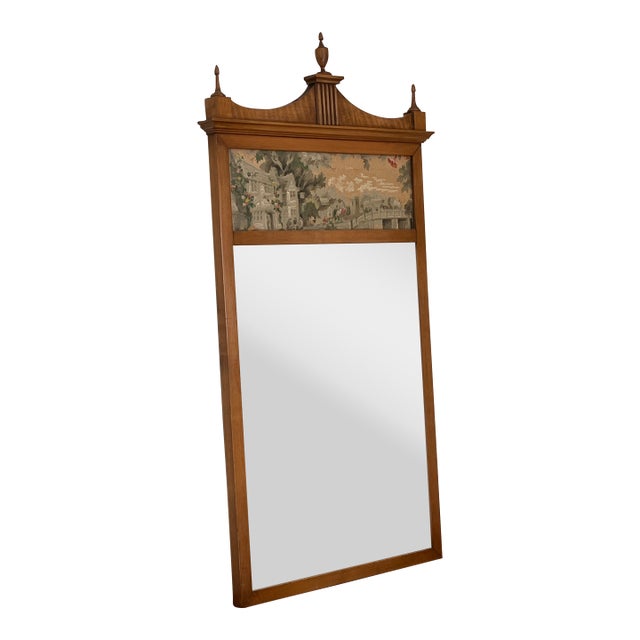 1920s Pecan Fruitwood French Provincial Wall Mirror With Watercolor Painting For Sale
