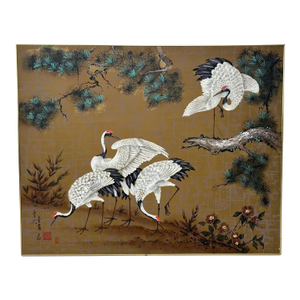 1970s Eastern Oil Painting 4 Red Crowned Cranes Asian on Canvas Framed