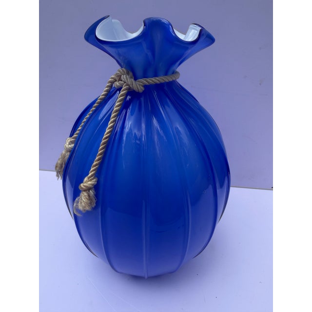 Glass Large Vintage Hand-Blown 8" Blue Glass Opaline Money Bag Vase For Sale - Image 7 of 12