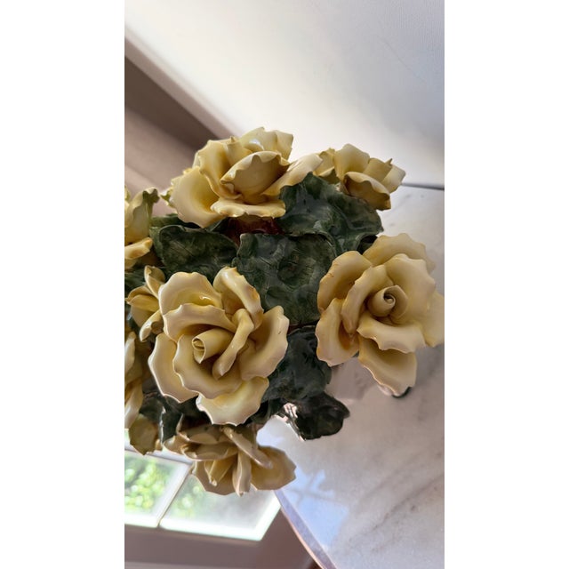 Vintage Italian Capodimonte-Style Porcelain Floral Arrangement Yellow Roses and Green Leaves Set Inside a White Textured Ceramic Basket. For Sale - Image 10 of 16