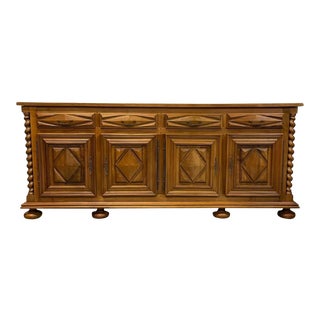 1900s French Louis XIII Style Diamond Shape Solid Walnut Sideboard or Buffet With Barley Twist Columns. For Sale