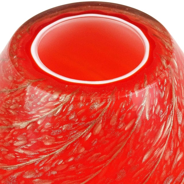 Only 1 Left! Beautiful vintage Murano handblown red over white, and aventurine Italian art glass flower vase. Documented...