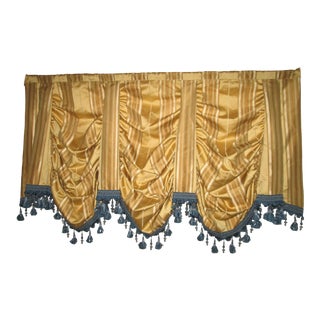 Custom Gold and Blue Waterfall Valance Bead and Tassel Trim Drapes For Sale