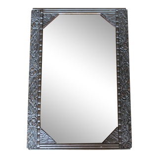 Antique French Art Deco Carved Wood Distressed Silver Wall Mirror C1920's For Sale