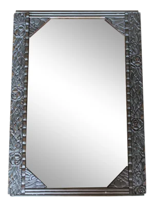 Antique French Art Deco Carved Wood Distressed Silver Wall Mirror C1920's