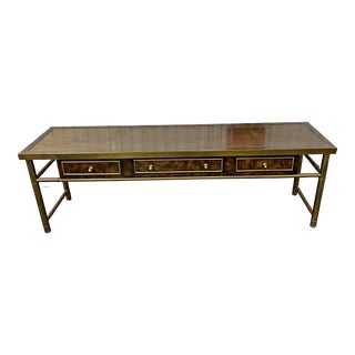 1970s Mastercraft Brass and Burl Wood Low Table For Sale