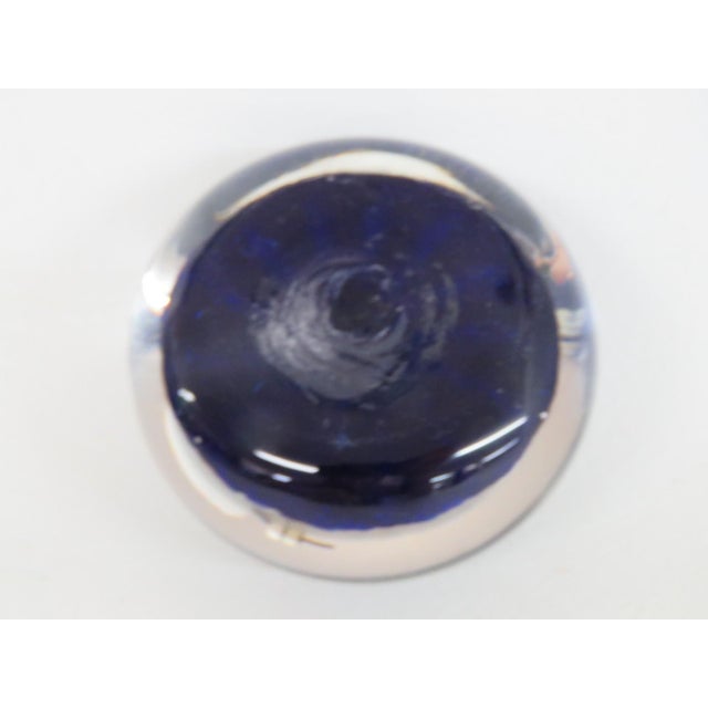Blue Murano Style Art Glass Paperweight Round Dark Blue Millefori Flower Design 4849b For Sale - Image 8 of 11