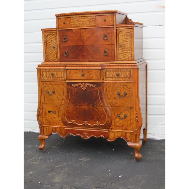 French Early 1900s Depression Era Carved Inlay Tall Chest of Drawers 6639 For Sale - Image 3 of 18