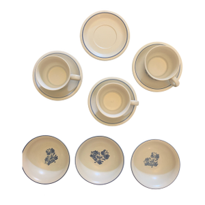 Vintage Pfaltzgraff Yorktowne Classic Blue Floral on Tan Stoneware Usa Made Saucer and Mug /Cup / Soup /Bowl Set- 10 Pieces