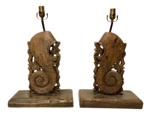 Pierce Martin Vintage Organic Modern Architectural Carved Wood Table Lamps - a Pair