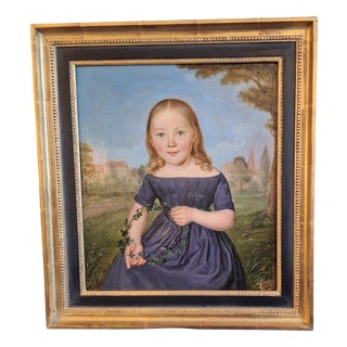 Trully, Portrait of Girl in a Blue Dress, 1842, Oil Painting, Framed For Sale