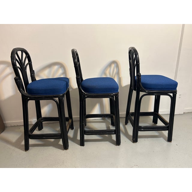 1970s Vintage Rattan Counter Stools Trio Blue Seats Fan Back For Sale - Image 11 of 12