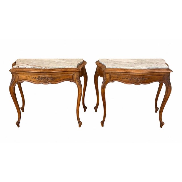 French Louis XV Style Wood Bedside Tables with Marble Tops, 1940, Set of 2 For Sale - Image 11 of 11