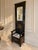Elegant vintage chinoiserie hall tree featuring a striking black lacquer finish, intricate hand-painted gold decoration,...
