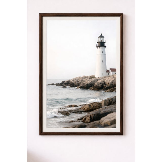 White Lighthouse Coastal Scene, Minimalist Seascape Art Print, 24″ × 36″ For Sale In Buffalo - Image 6 of 8
