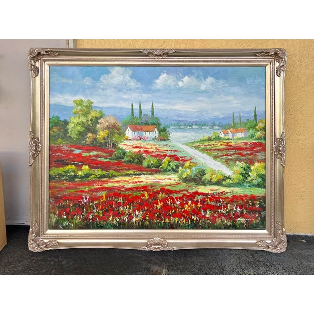 Vintage Large Italian Landscape Painting With Red Poppies Signed For Sale - Image 4 of 7