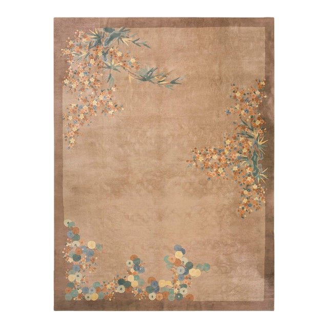 1920s Tan Taupe Open Field Floral Antique Chinese Art Deco Carpet 8'10'' X 11'8'' Knotted Wool Rug For Sale