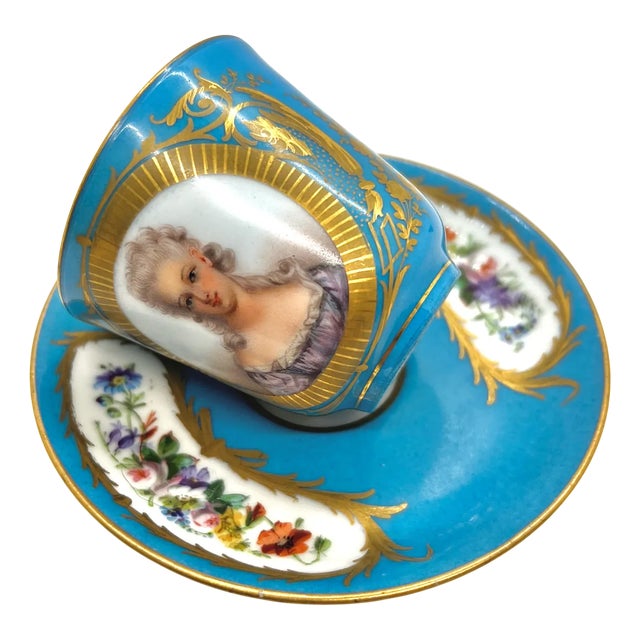 Antique Cup and Saucer with Hand-Painted Gilt Princess Portrait and Floral Panels from Sevres, 18th Century, Set of 2 For Sale